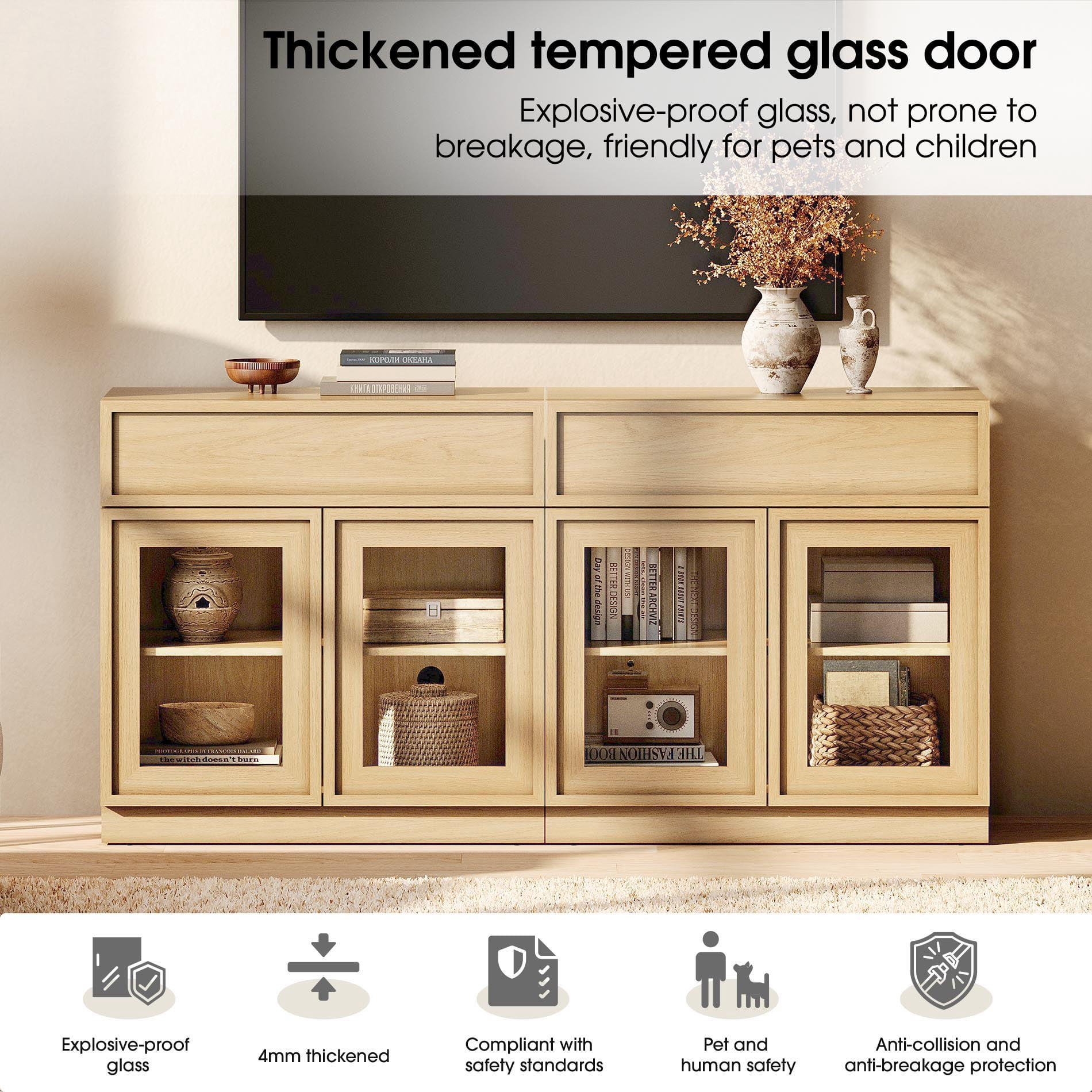 63" Modern Sideboard Buffet Cabinet with 4 Glass Doors and Drawers, Multifunctional Sideboard with Large Storage and Adjustable Shelf, Oak