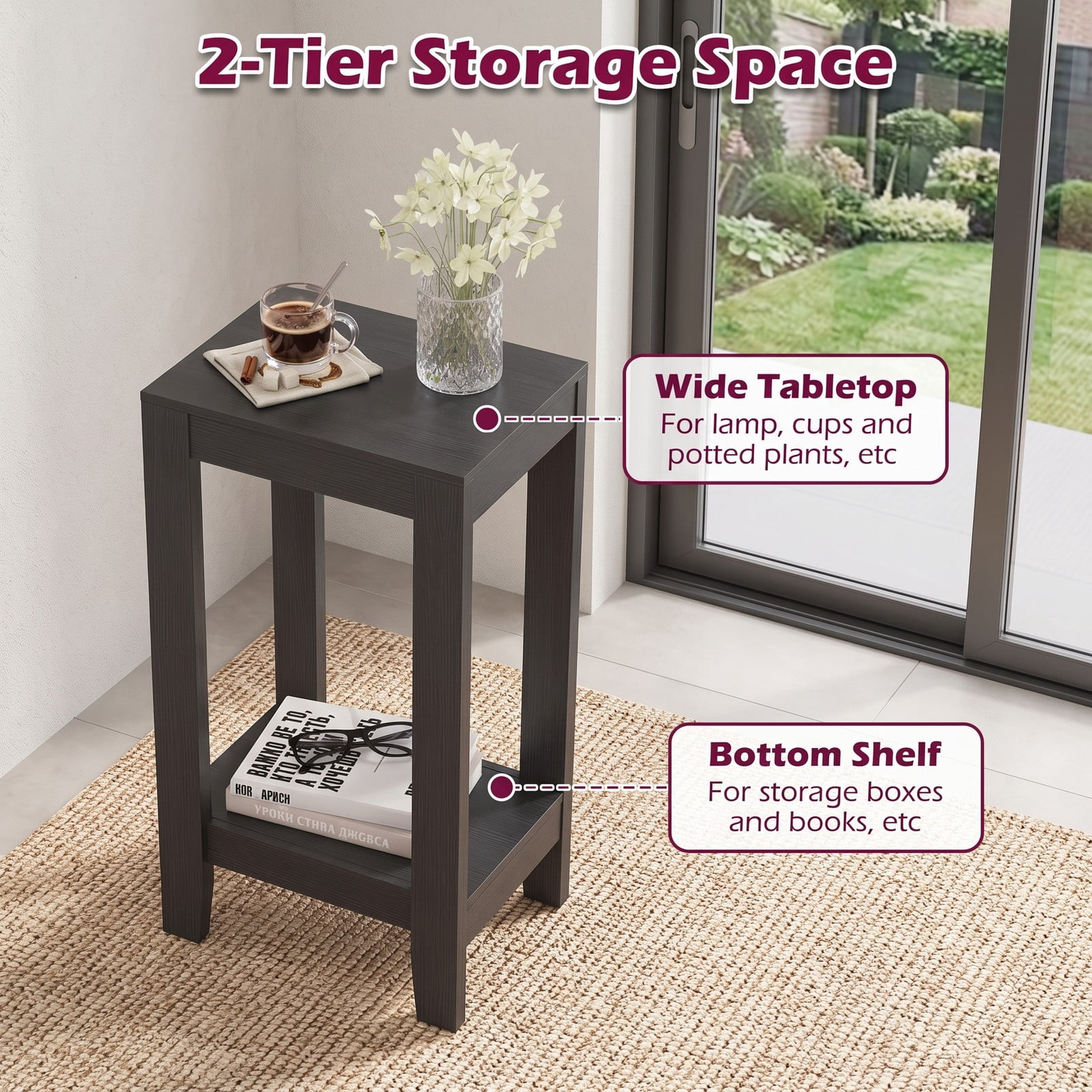 Furnibear 2-Tier Nightstand End Side Table with Wooden Legs and Bottom Storage Shelf for Bedroom Living Room, Compact Anti-Toppling Sofa Side Accent Table, Black