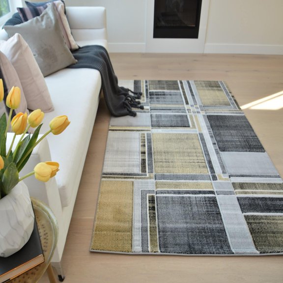 HR Boxes / Cubism / Squares Modern Contemporary abstract Hand Carved Area Rug Yellow - 7'5" x 10'