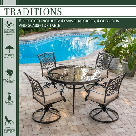 Hanover Traditions 5-Piece Dining Set in Tan with 47 in. Glass-top Table