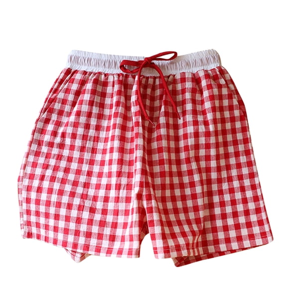 Sleep Shorts for Women Loose Women’s Plaid Shorts with Bow Decor Lightweight Loose Pajama Shorts Casual Home Loungewear Shorts Sleepwear Red L