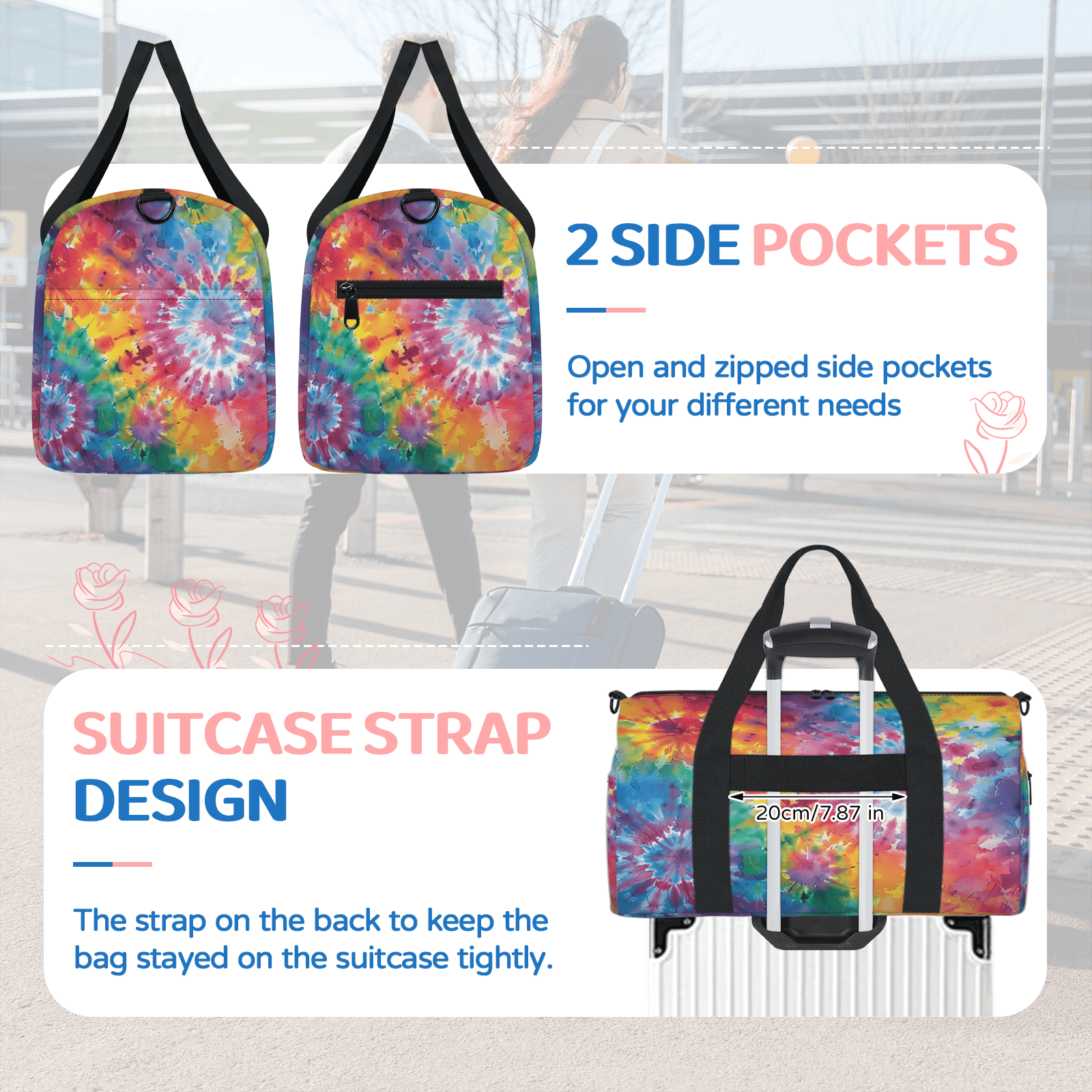 Herdesigns Tie Dye Gym Bag for Women, Duffle Bag for Travel Sport, Colorful Lightweight Waterproof Carry on Weekender Dance Yoga Workout Bags