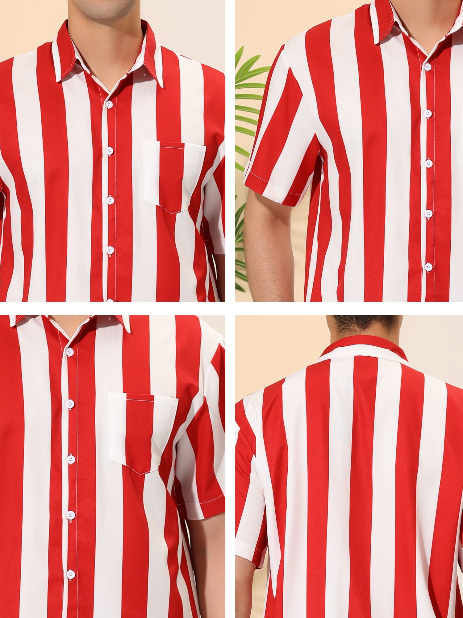 Unique Bargains Men's Striped Short Sleeves Button Down Print Shirt S Red White