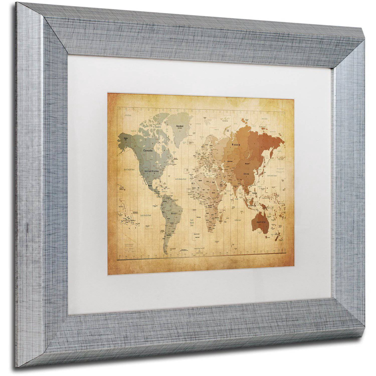 Trademark Fine Art "Time Zones Map of the World" Canvas Art by Michael Tompsett White Matte, Silver Frame
