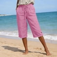 thumbnail image 4 of Axiiglly Bermuda Cotton Linen Shorts for Women High Rise 4 Pockets Stretch Waist Long Shorts Beach Holiday Cropped Pants, S-2XL, 4 of 9