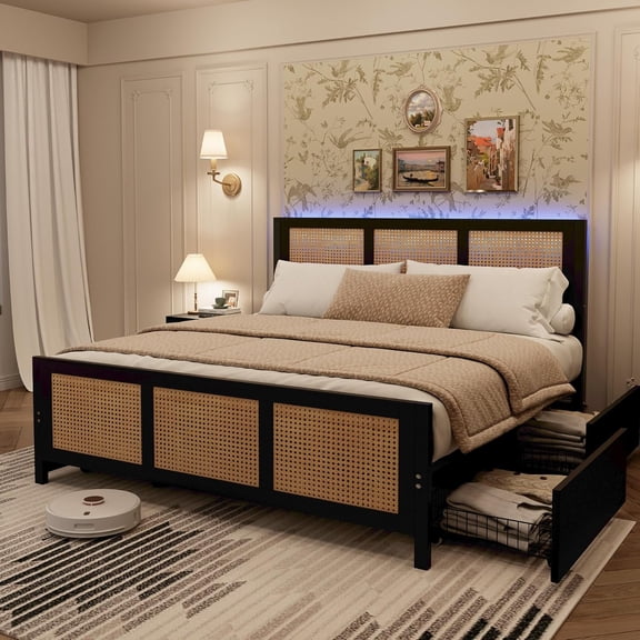 Memoryfield Rattan Queen Bed Frame with LED Headboard (7 Colors), Boho Cane Platform Bed with 4 Large Drawers, Metal Slats Support, No Box Spring Needed, Black