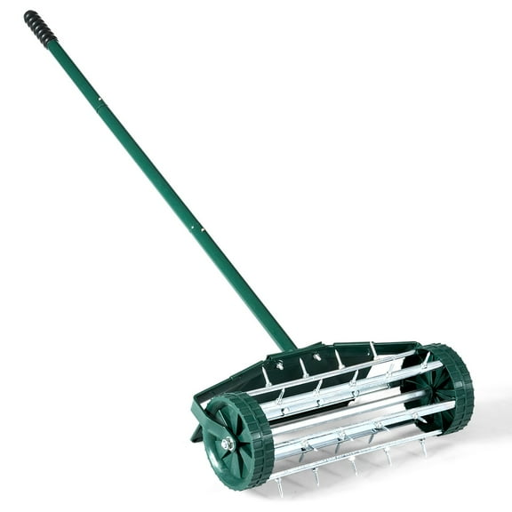 SAZYY 18-Inch Spike Rolling Lawn Aerator for Grass. Heavy Duty Manual Push Aerator Lawn Tool,Soil Health for Garden&Yard Tool(Green with Fender)