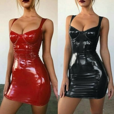 Women Sexy/Sissy Dress Latex Faux Leather Bodycon Nightwear Cocktail