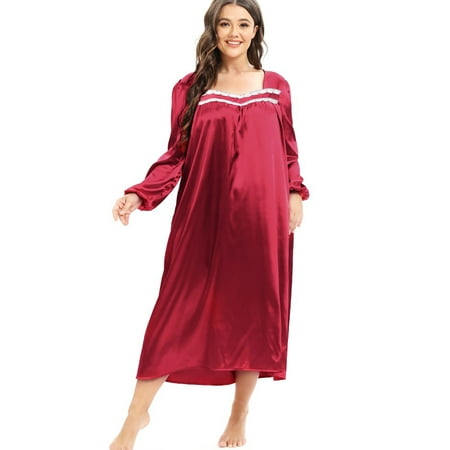 

WBQ Women s Women s Plus Size Nightdress Silky Vintage Long Sleeve Nightgown Lace Square Collar Loose Casual Sleepwear XL-4XL