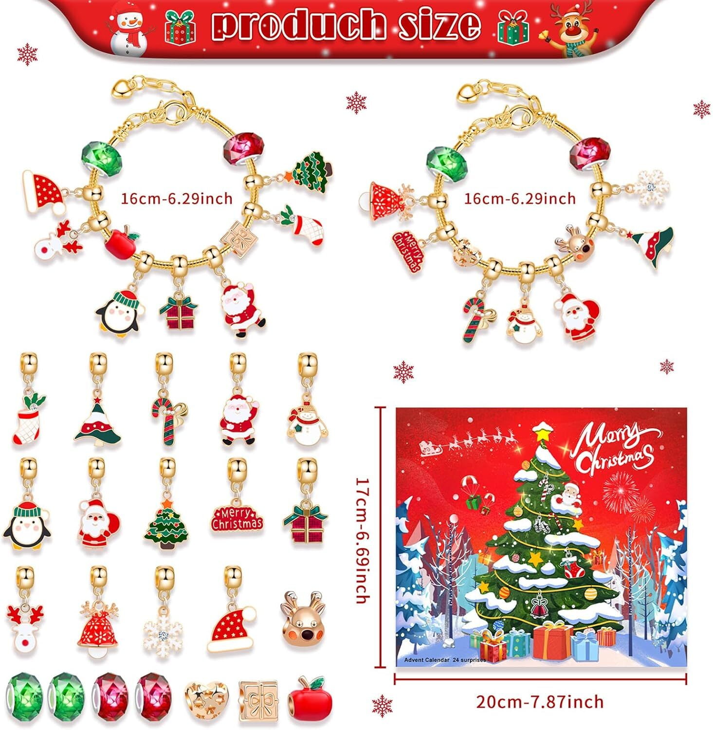 24 Days Christmas Advent Calendar Jewelry Making Kit, DIY Craft Set with Charms, Beads, Bracelet for Kids, Teens, Women