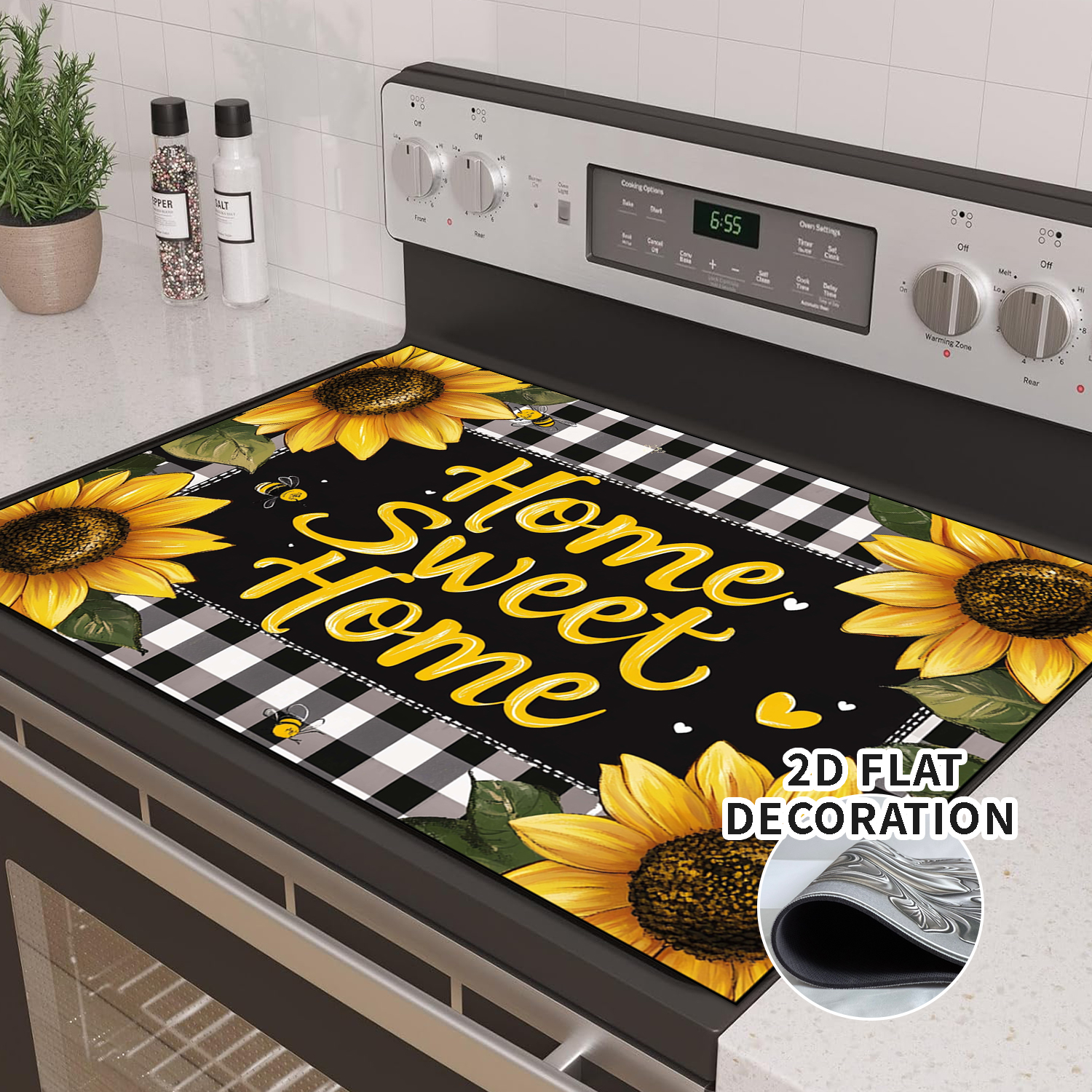 Rustic Sunflower Stove Top Covers for Electric Stove, 28'x20'' Country Floral Pastoral Black  Plaid Glass Ceramic Stove Cover , Mat Heat Resistant Cooktop Protector for Kitchen