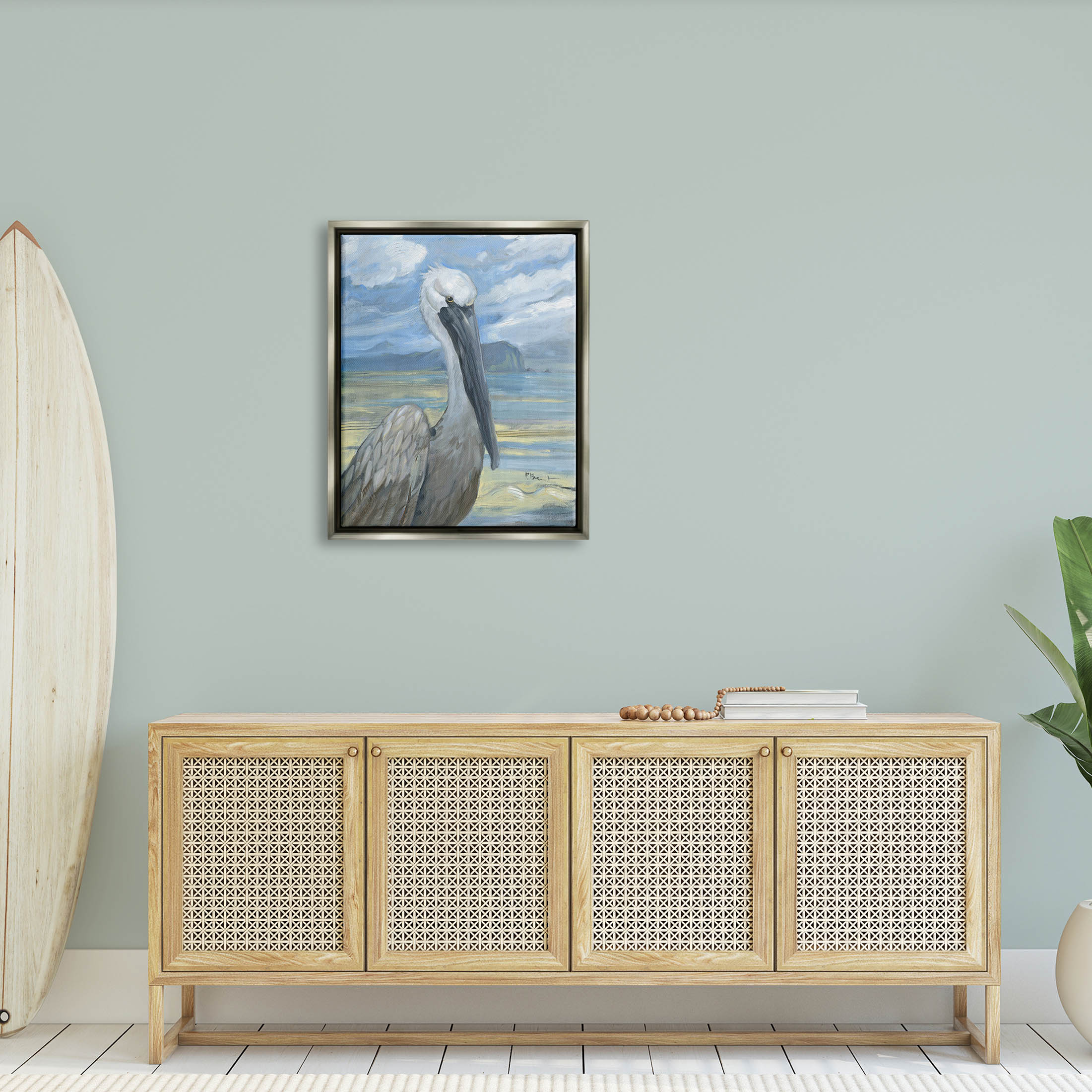 Stupell Industries Salty Pelican Cloudy Coastal beach Painting Luster Gray Floating Framed Canvas Print Wall Art, Design by Paul Brent