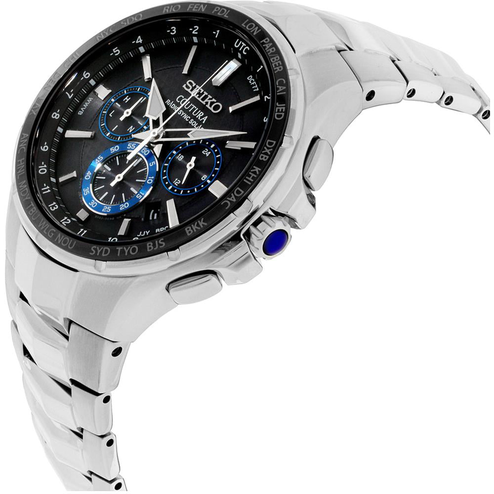 Seiko Men's SSG009 Coutura Radio Sync Solar Black Dial Steel Bracelet  Chronograph World time Watch 