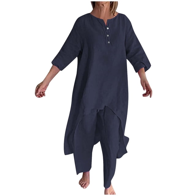 FAIWAD Ensemble 2 Pcs en Coton et Lin pour Femmes Col Rond Boutons Manches Longues Ourlet Irrégulier Hauts Pantalons Décontractés Amples