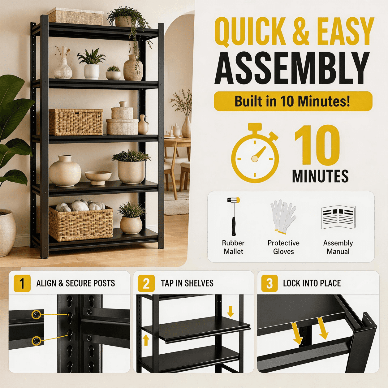 72" H Metal Bookshelfwith Fences, 3000LBS Industrial Bookshelves, 5-Tier Display Bookcase, Adjustable Bolt-Free Storage Shelves for Living Room, Bedroom, Garage, Kitchen, Black