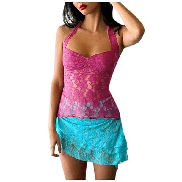 Top transparente con encaje para mujer, blusa sexy y casual de manga corta.