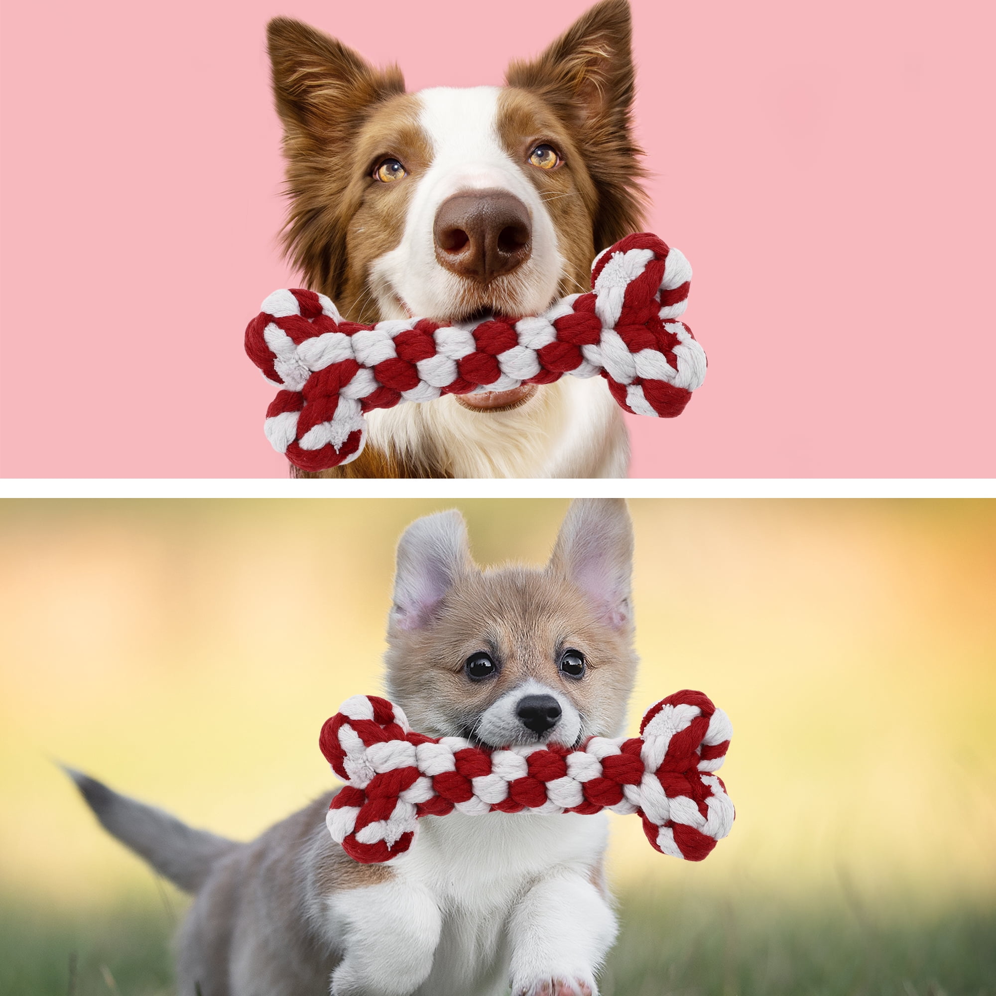 Unique Bargains Durable Braided Cotton Bone Shape Dog Chew Rope Red White