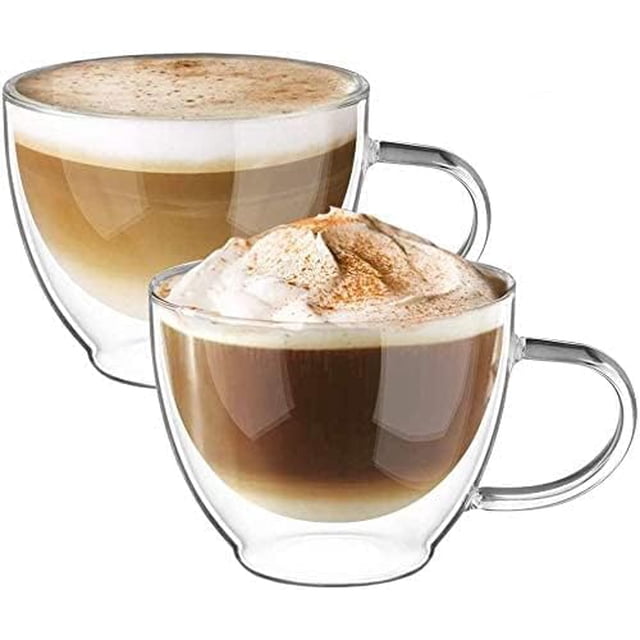 Juego de 2 tazas de café de vidrio de doble pared, tazas de café de vidrio transparente con asa, taza de café aislada, taza de café de borosilicato, resistente al calor