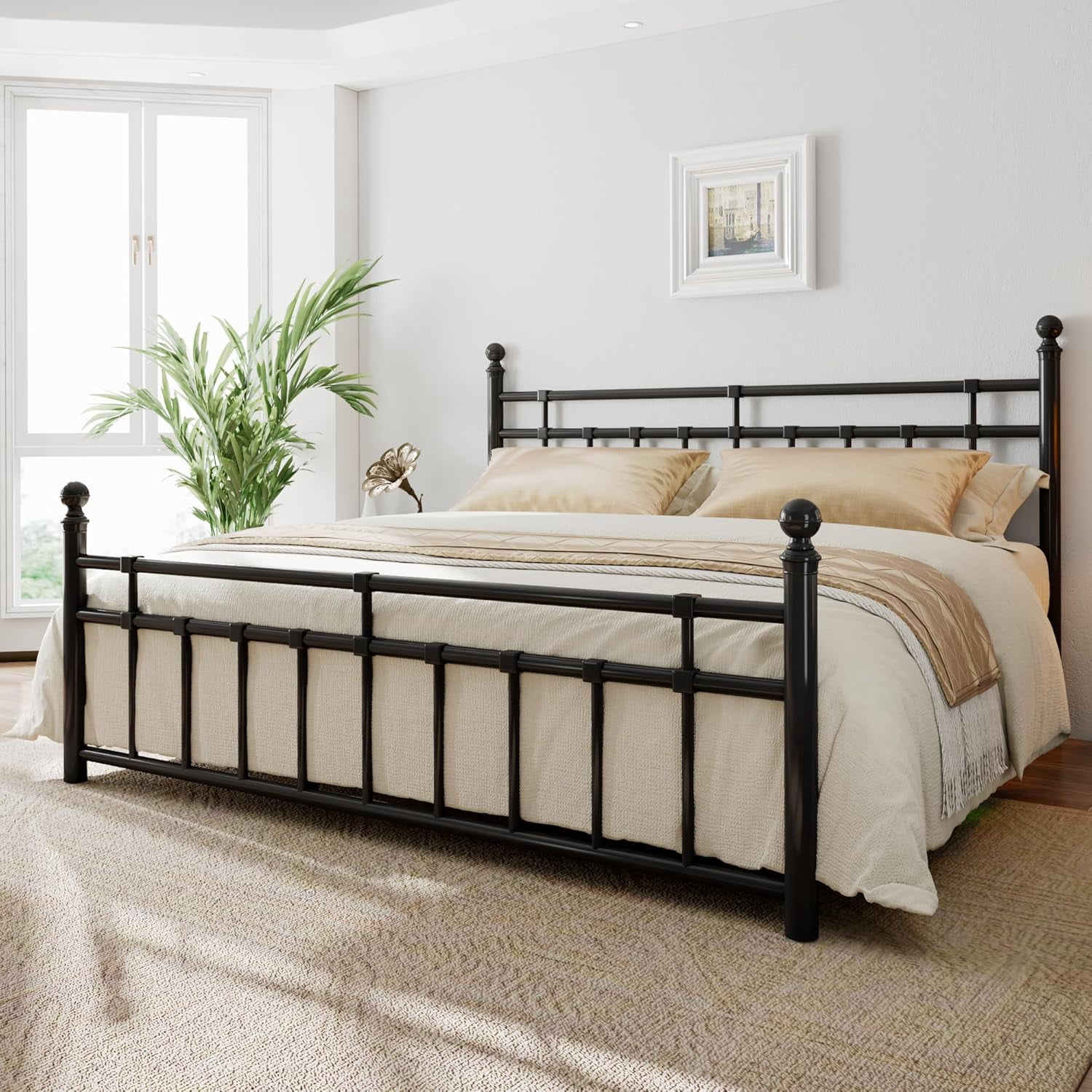 iPormis King Metal Bed Frame with Victorian Vintage Headboard and Footboard, Black