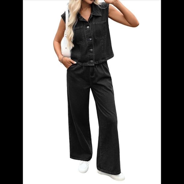 Mono Vaquero Sin Mangas para Mujer, Camiseta Sin Mangas con Botones, Pantalones Vaqueros Acampanados de Pierna y Pantalones Vaqueros de Campana. Negro y Gris XL