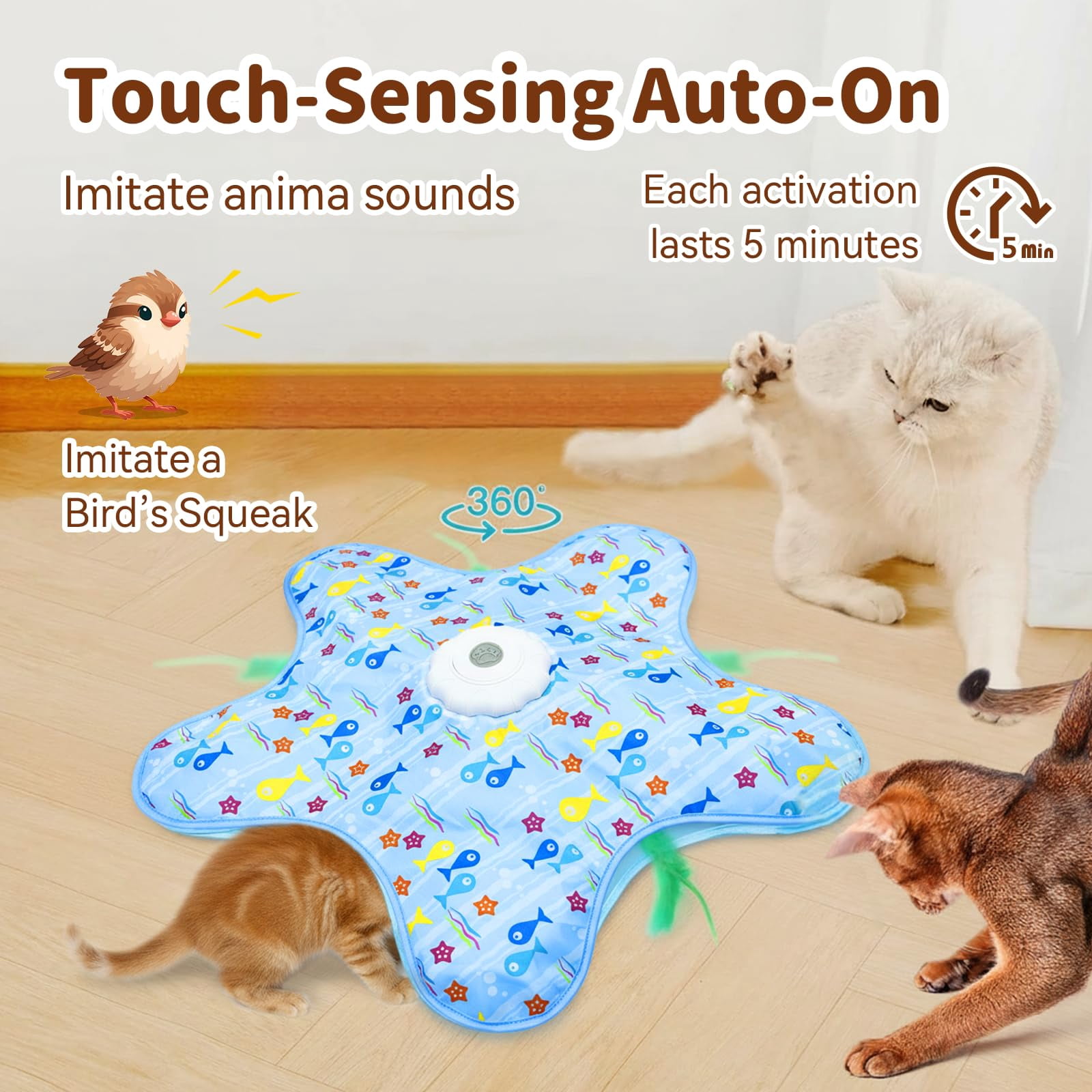 Cat Toys For Indoor Cats  Rechargeable Interactive With Touch-activated And Seek Fluttering Mouse Squeaker Bored Adult Blue