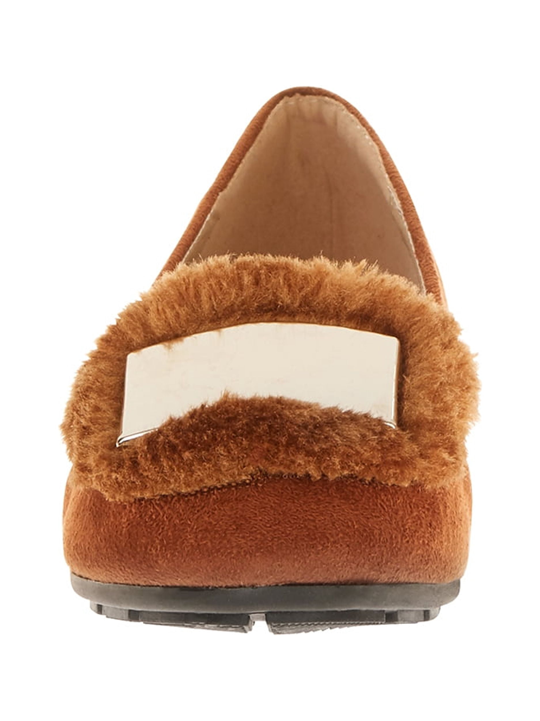 Victoria K Women's Soft Textured Material With Faux Fur Ornament And Solid Silver Placket Ballerina Flats