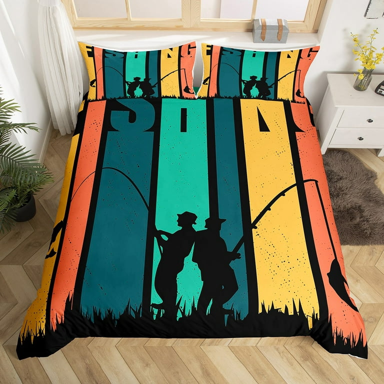 Fishing Comforter Cover Fish Bedding Set for Man Teens Boys,Multicolor  Striped Fishing Rod Duvet Cover Fish Hook Fishing Gear Bed Sets  Full,Outdoor Fishing Hobby Activity Bedroom Decor 