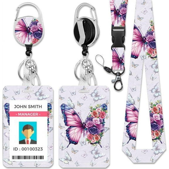 Butterfly ID Badge Holder with Lanyard Flowers Rose Rectangle Plastic Name Tag ID Card Holder with Clasp for Business ID Card Teacher Student Nurse Office 4.3×2.8inch