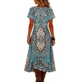 thumbnail image 5 of Women's Retro Floral Print V Neck Short Sleeve Midi Dress Loose Fit Flowy Beach Dress Comfy Summer Dress for Vacation and Casual Wear, Size S-2XL, 5 of 5