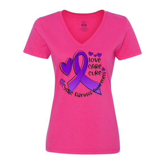 Inktastic Love, Care, Cure Cystic Fibrosis Awareness Purple Ribbon Women's V-Neck T-Shirt