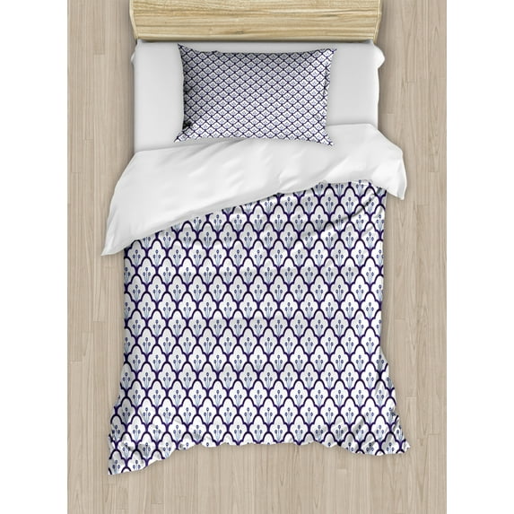 Dutch Duvet Cover Set Twin Size, Blue Toned Traditional Delftware Pattern Abstract Ornamental Floral Scales, Decorative 2 Piece Bedding Set with 1 Pillow Sham, Indigo White, by Ambesonne
