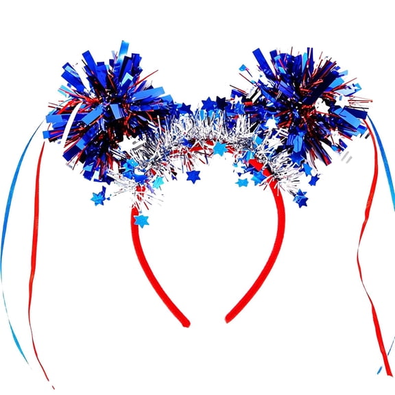 4Th of July Patriotic Headband for Women Girls, Ongmies Red White Blue Star Tinsel Headband with Tassels, Sparkly Independence Day Hair Accessories for Party Parade Festival Decorations