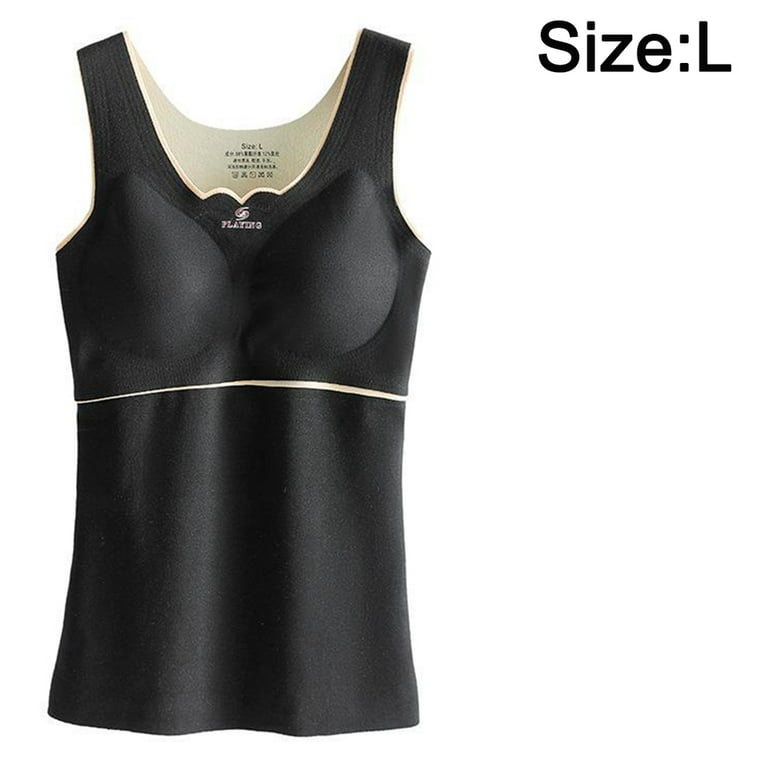 Sleeveless Thermal Shirts for Women V Neck Vest with Built in Bra Underwear  Thermal Tank Top - Black -Black-XL