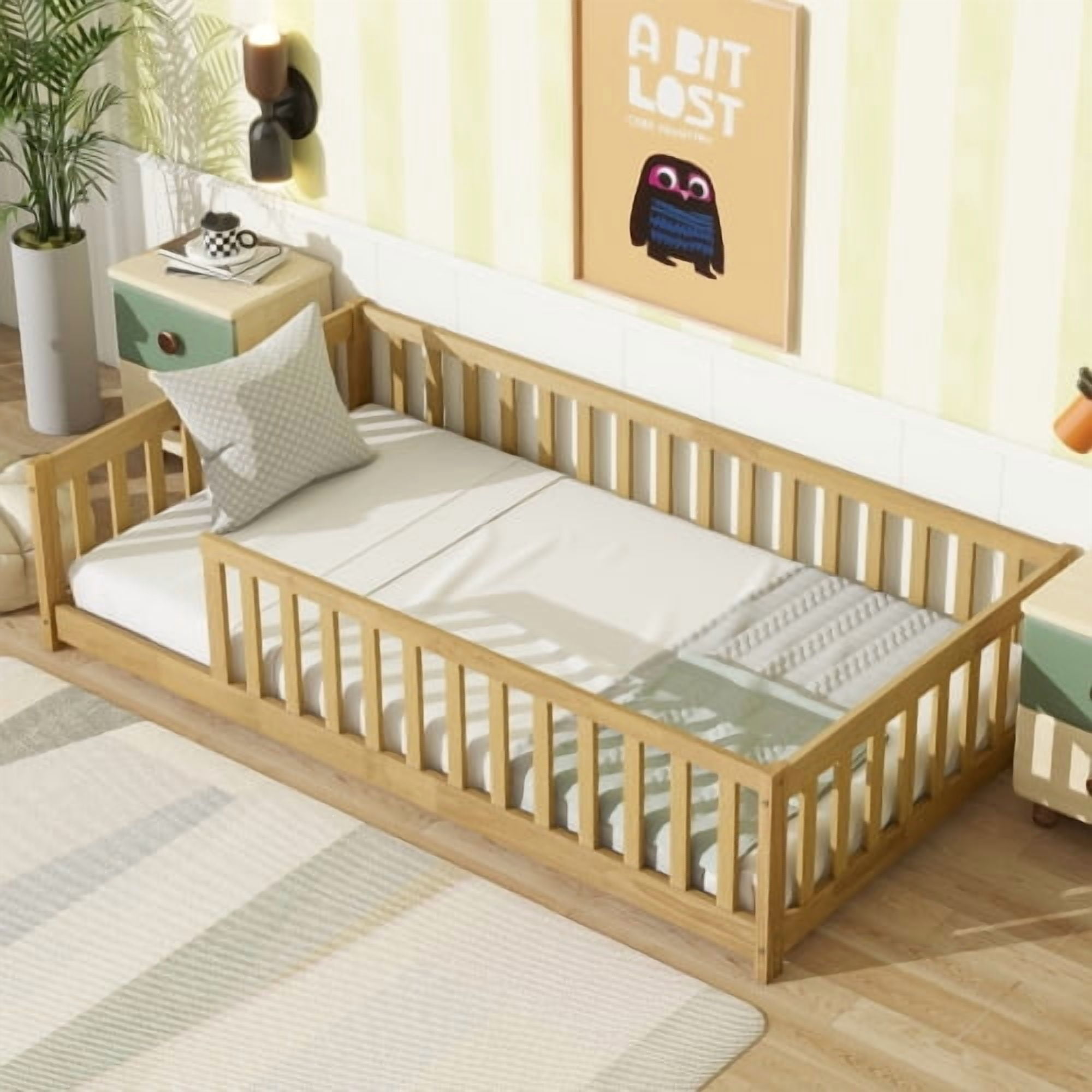 Twin Size Floor Bed with Fence without Door, Rubber Wood Floor Bed with Safety Guardrails,Natural
