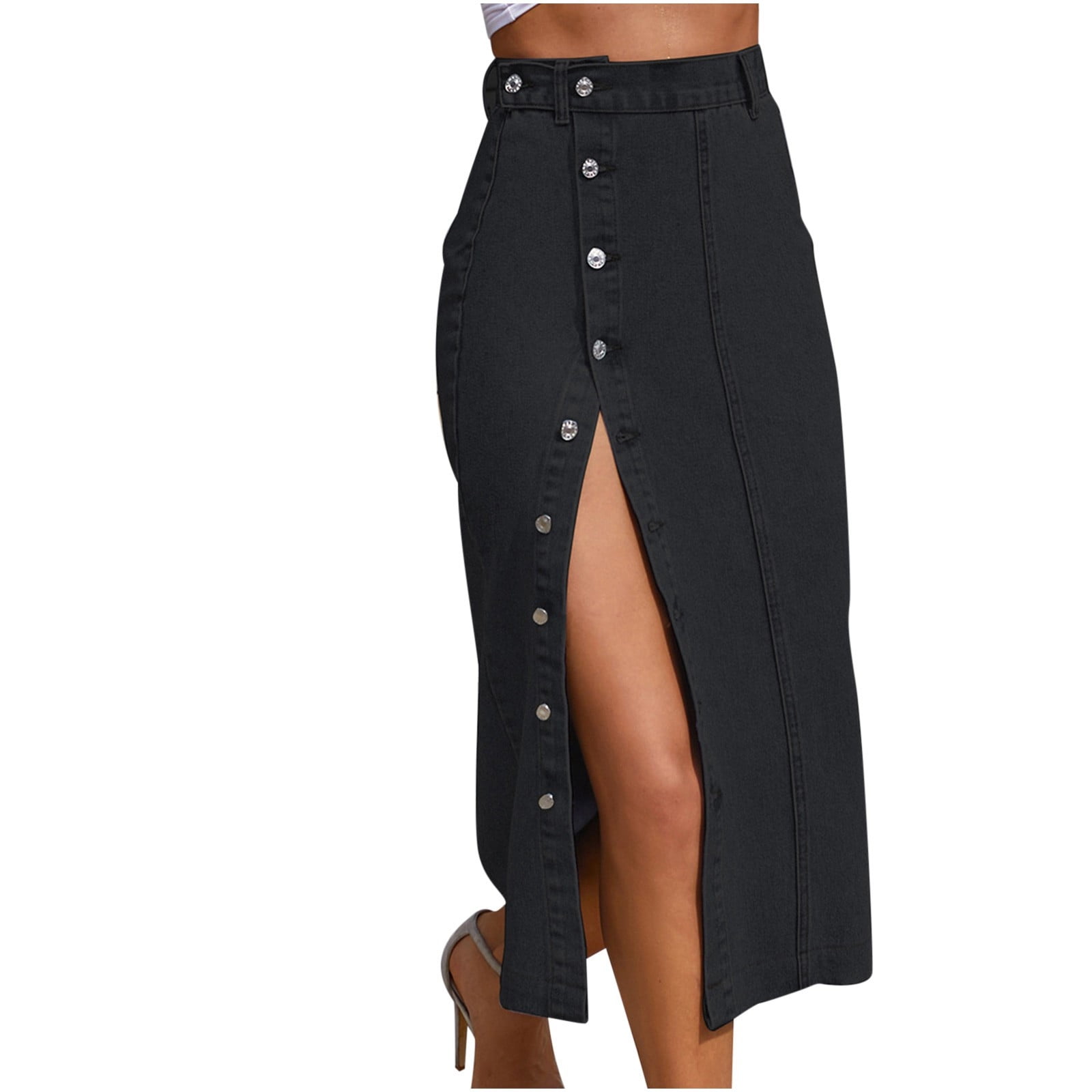 Button Front Black Skirts Womens Summer High Waist A-line Short