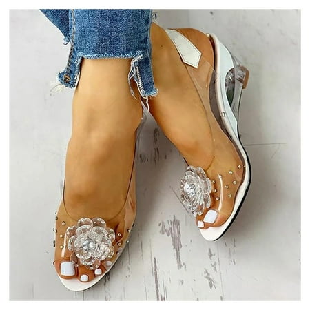 

Women See-Through Rhinestone Wedge Heel Sandals Studded Flower Design Suitable For Walking Beach Shopping And Leisure Venues 41 White