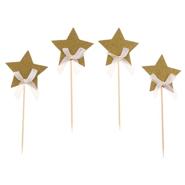 Paquete de 4 Púas para Cupcakes de Estrellas con Decoración de Nudo de Lazo para Bodas, Adornos para Tartas de para Oro Soledad Primeros de la torta de las estrellas