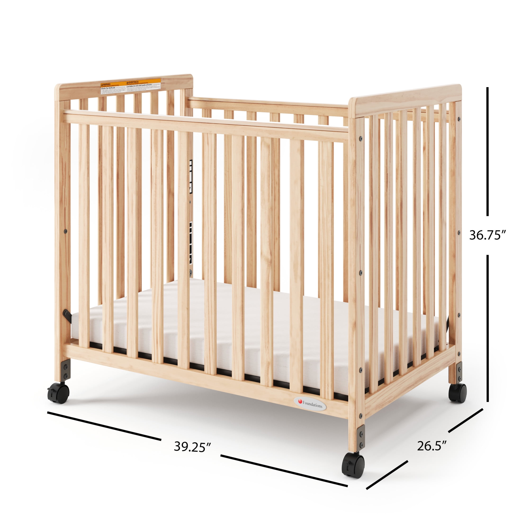 Foundations SafetyCraft Compact Slatted Crib, 3" Mattress Included, Locking Wheels, Natural