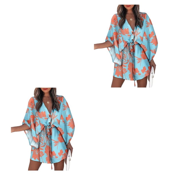Qarigey Vestidos con cordones para mujer para mujer Sexy Escote en V profundo Mangas acampanadas Mini vestido corto Fiesta Playa Vacaciones Type3 NO3