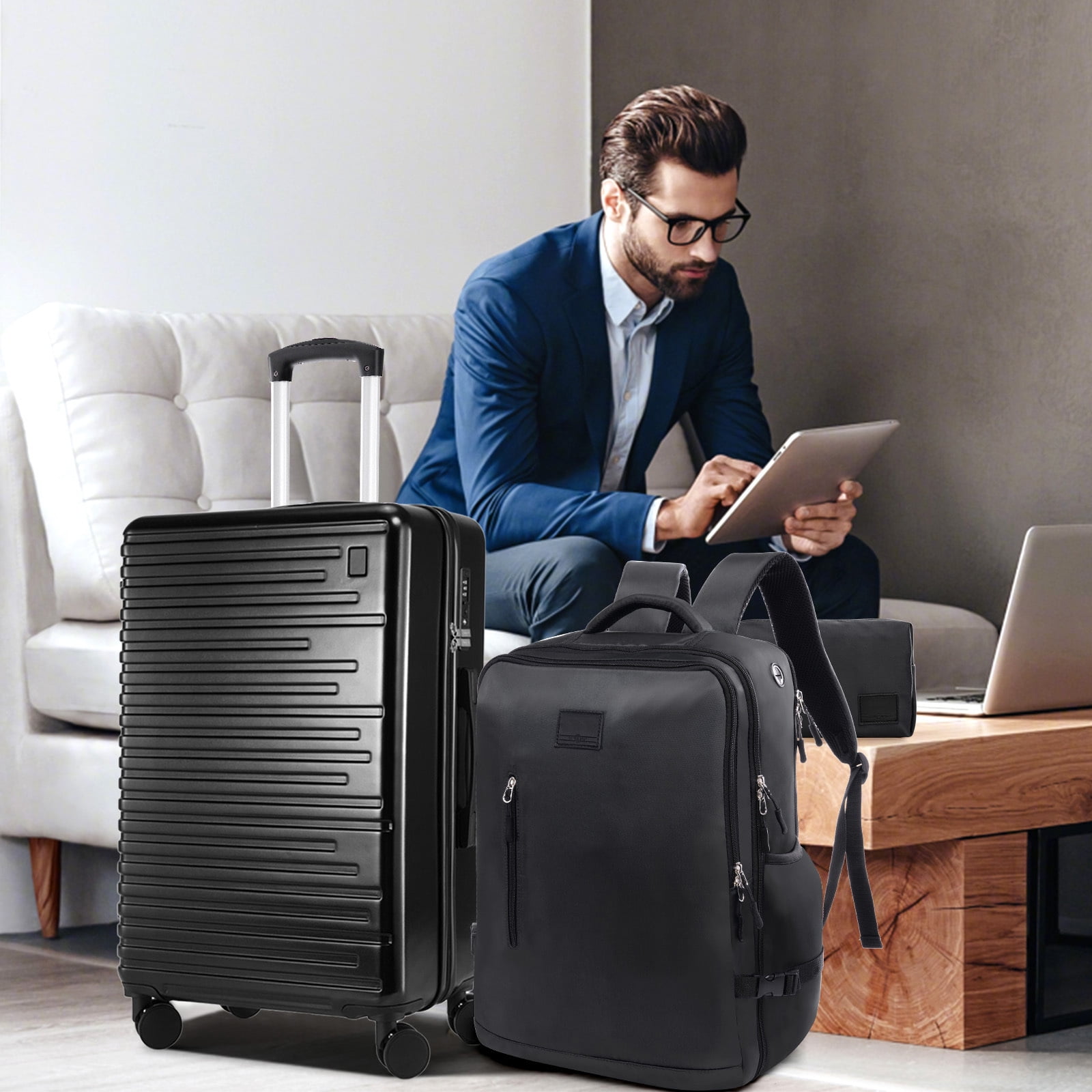 SANOPY 5 Piece Luggage Sets, ABS+PC Carry on Luggage with Backpack, Lightweight Suitcase Set Spinner Wheel TSA Lock, Black
