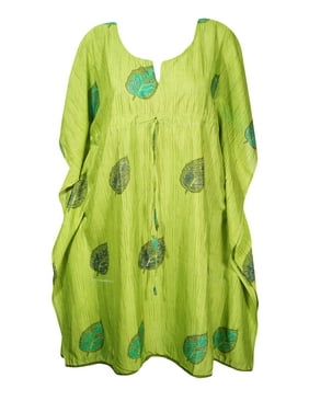 Mogul Women Green Mid Calf Kaftan Dress Beach Coverup Printed Resortwear Loose Holiday Recycle Sari Caftan Dresses 3X