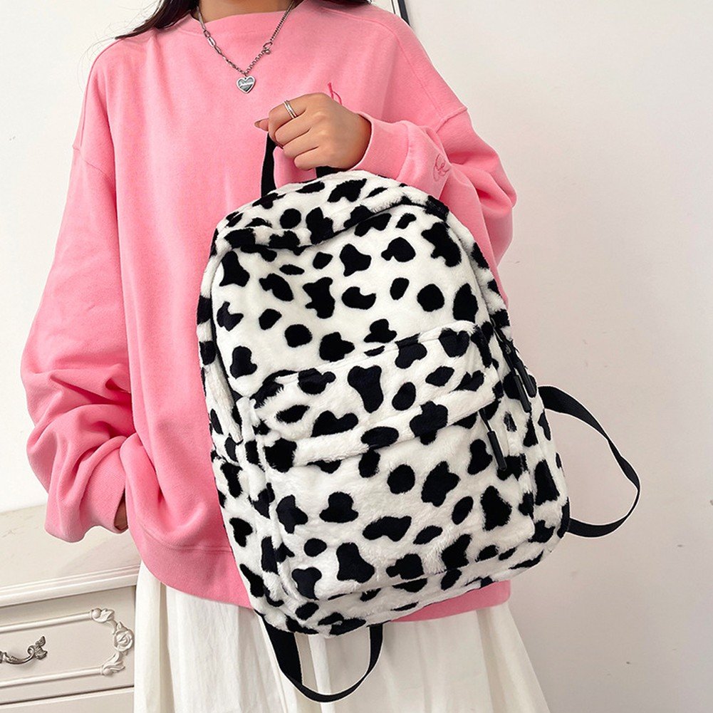 Jiibva Plush Animal Cow Print Backpack for Women Stylish Bag Personalized Travel Shoulder Bag Bookbag Trendy Daypack Purse