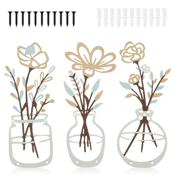 Xiyztok 3Pcs Metal Flower Wall Art Exquisite Metal Flower Vase Wall Art Rustic Farmhouse Decor for Living Room Bathroom Bedroom Kitchen