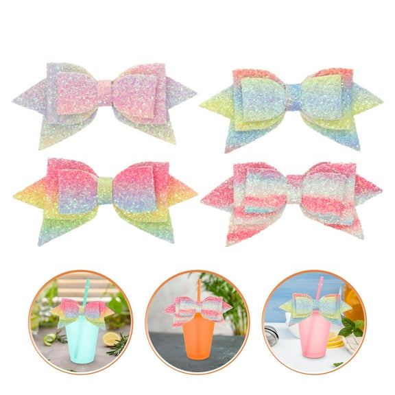 IDEANATEGRATE 4Pcs Diy Glitter Bow Straw Decor Multi Color Synthetic Leather For Parties And Home Use