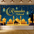thumbnail image 5 of Ramadan Themed Decorative Backdrop Banner with Crescent Moon Lanterns and Mosque Silhouettes Ramadan Mubarak Party Decorations Photography Props Muslim Celebration Event Background Decors, 5 of 7