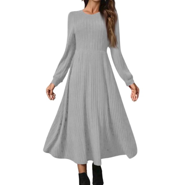 Robe pour Femmes Ensemble Mode Col Rond Manches Longues Couleur Unie Robe Maxi Décontractée avec Bordure Côtelée et Franges Détail Gris 2TG