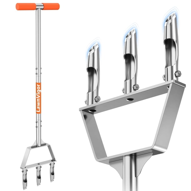 Aireador manual de césped LawnVigor con 3 púas huecas