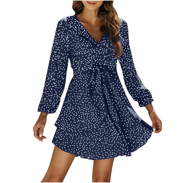 Vestido de tiras con cuello en V y mangas largas con estampado de lunares y volantes irregulares a la moda para mujer Fridja yut4592