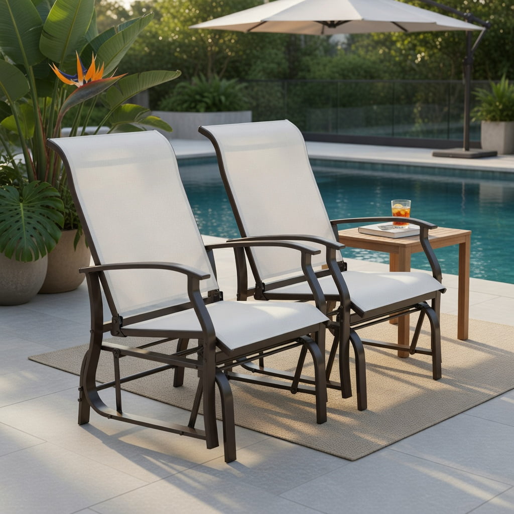 Hommoo 2-Piece Outdoor Glider Chair Set, Ergonomic Fabric & Metal Rocking Chairs for Patio, Porch, Backyard, Breathable Seat, Anti-Slip Feet, Beige