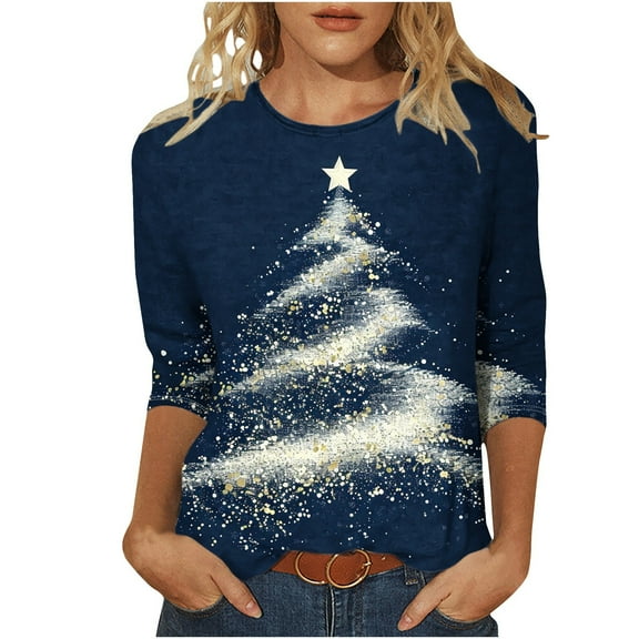 Dgankt Winter Clothing for Women Christmas Fashion Tops Casual Crewneck 3/4 Sleeve Loose Pullover Shirts,Sizes S-6XL